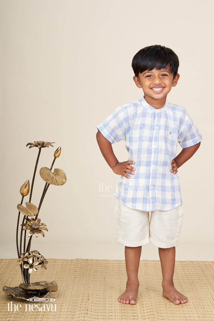 Boys blue cotton checks shirt and shorts set for casual wear