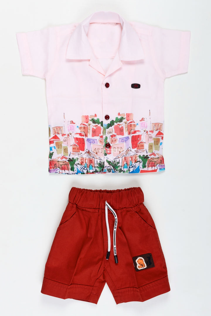 Toddler Outfit With Town Print Shirt And Red Shorts