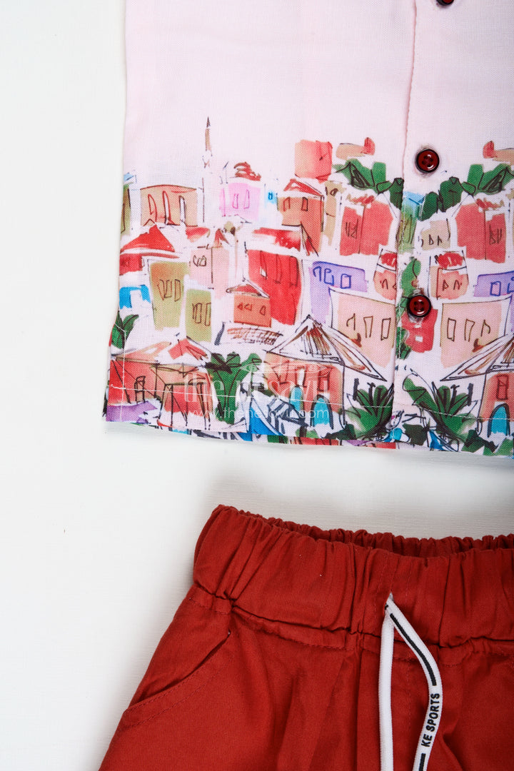 Toddler Outfit With Town Print Shirt And Red Shorts