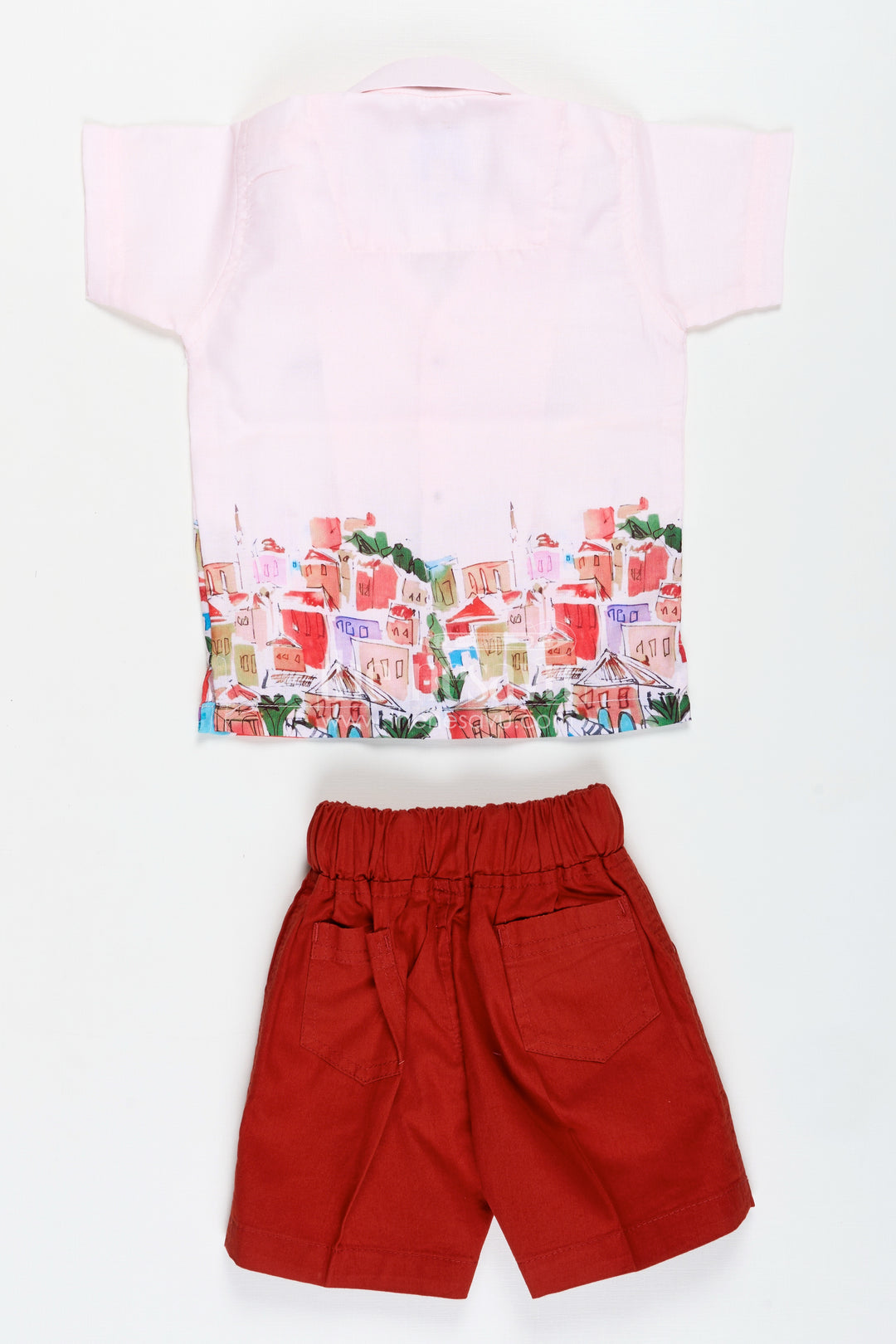 Toddler Outfit With Town Print Shirt And Red Shorts