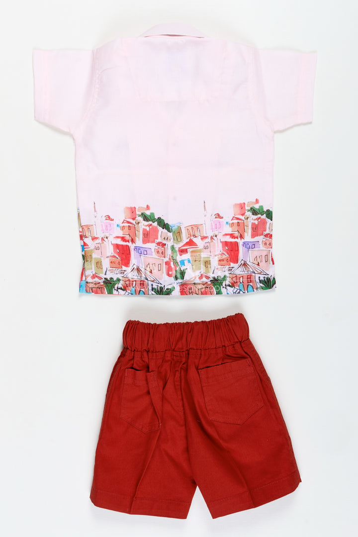 Toddler Outfit With Town Print Shirt And Red Shorts