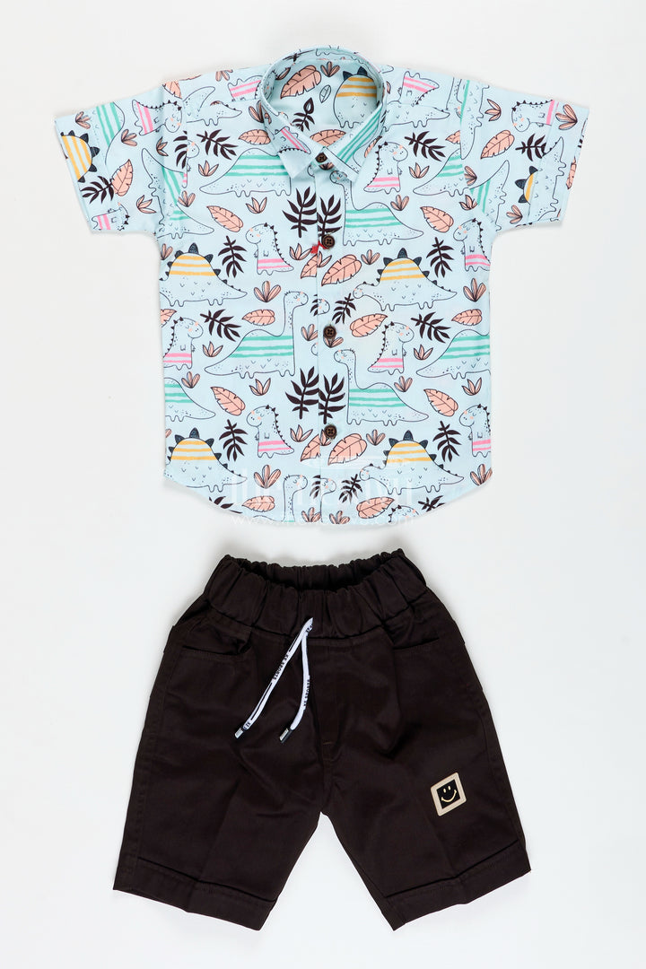 Dinosaur Print Cotton Shirt And Shorts For Toddler Boys