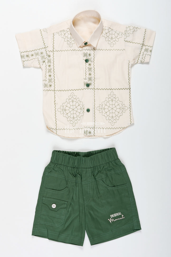 Boys Embroidered Cotton Shirt And Green Shorts Set For Casual Wear