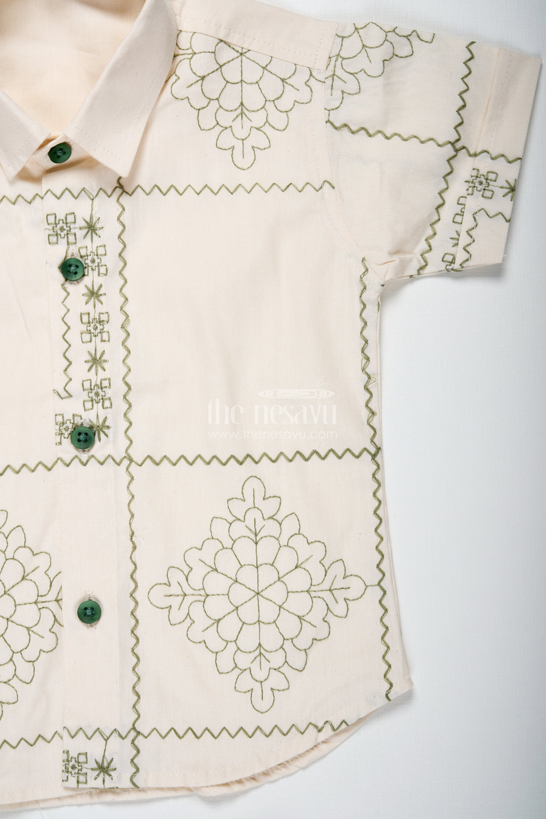 Boys Embroidered Cotton Shirt And Green Shorts Set For Casual Wear