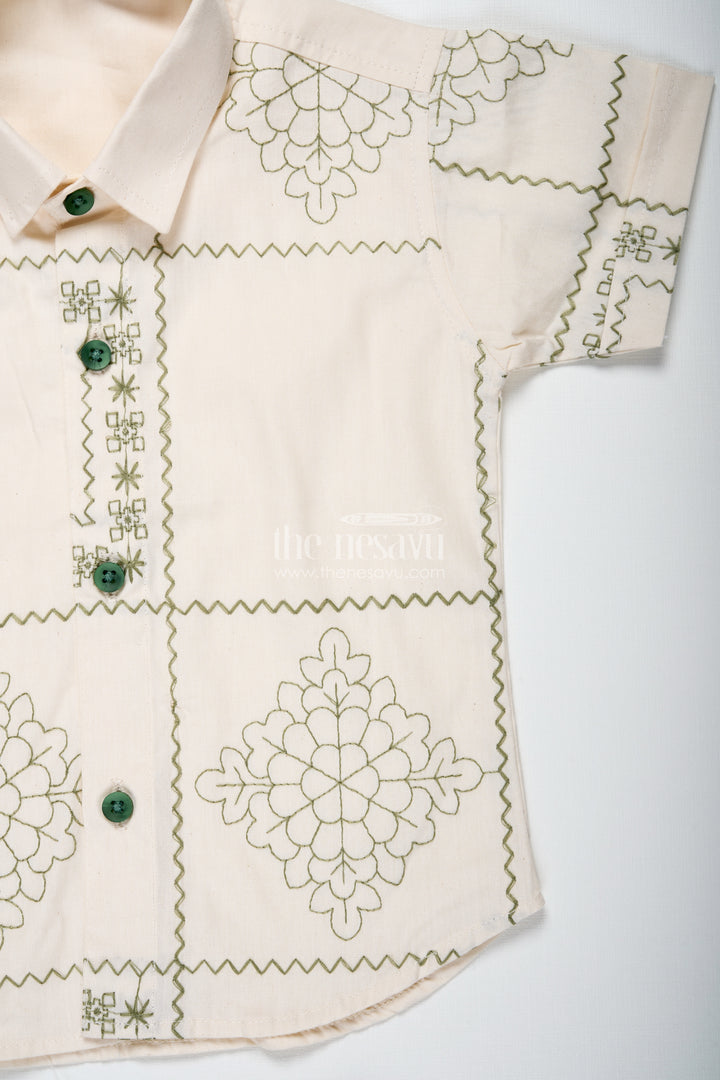 Boys Embroidered Cotton Shirt And Green Shorts Set For Casual Wear