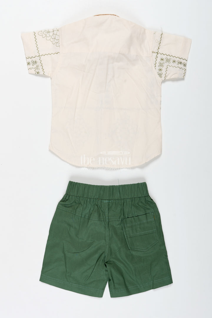 Boys Embroidered Cotton Shirt And Green Shorts Set For Casual Wear