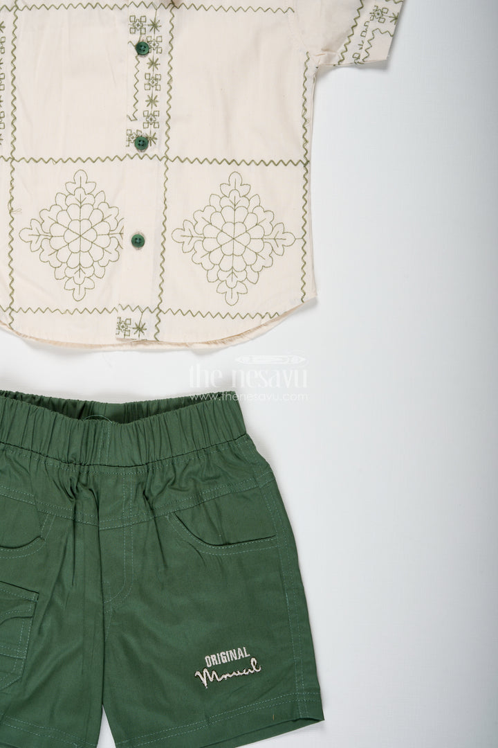 Boys Embroidered Cotton Shirt And Green Shorts Set For Casual Wear