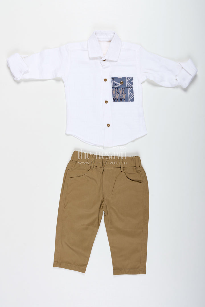 Boys Muslin Cotton White Shirt And Beige Pants Set
