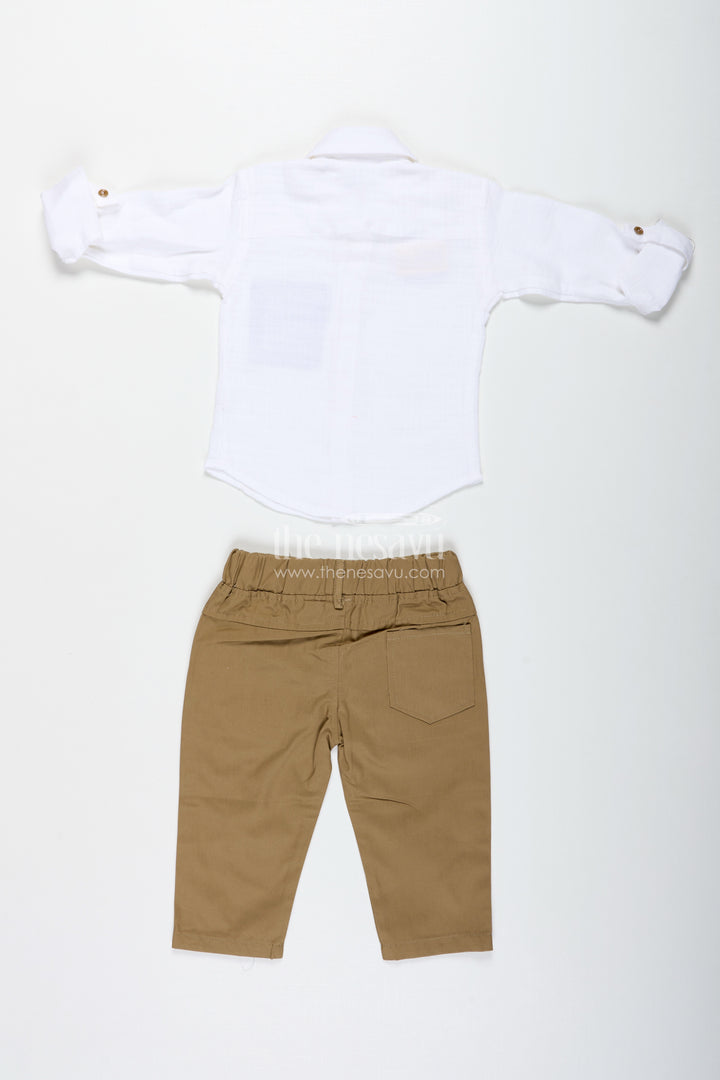 Boys Muslin Cotton White Shirt And Beige Pants Set