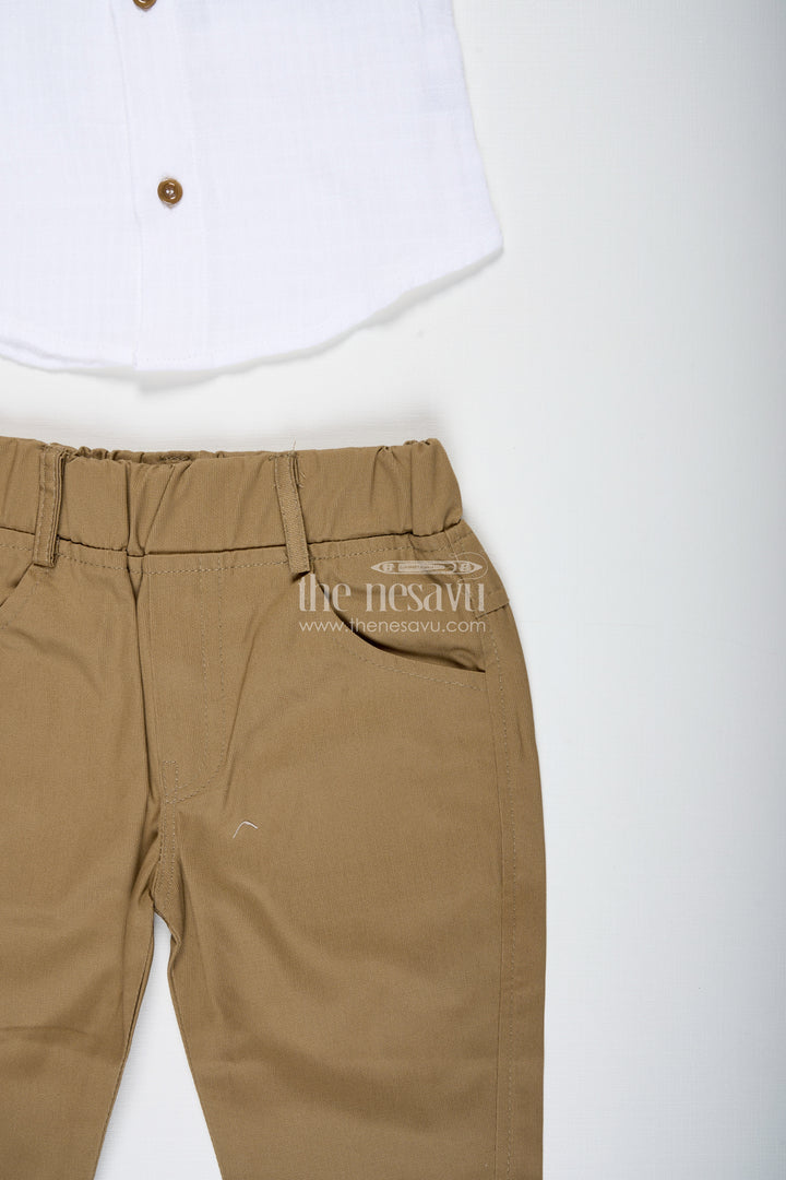 Boys Muslin Cotton White Shirt And Beige Pants Set