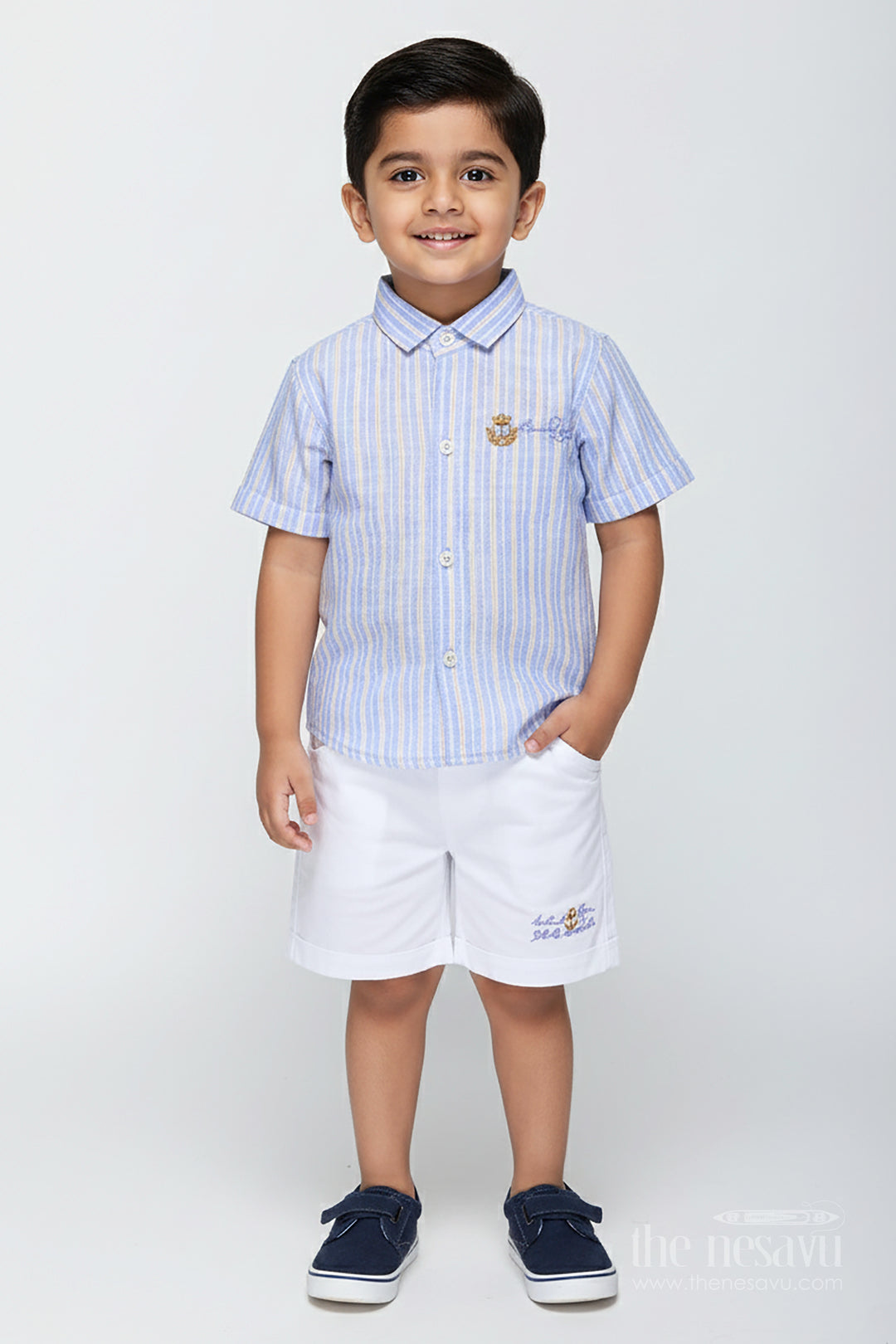 Boys Cotton Casual Set with Striped Shirt and White Shorts