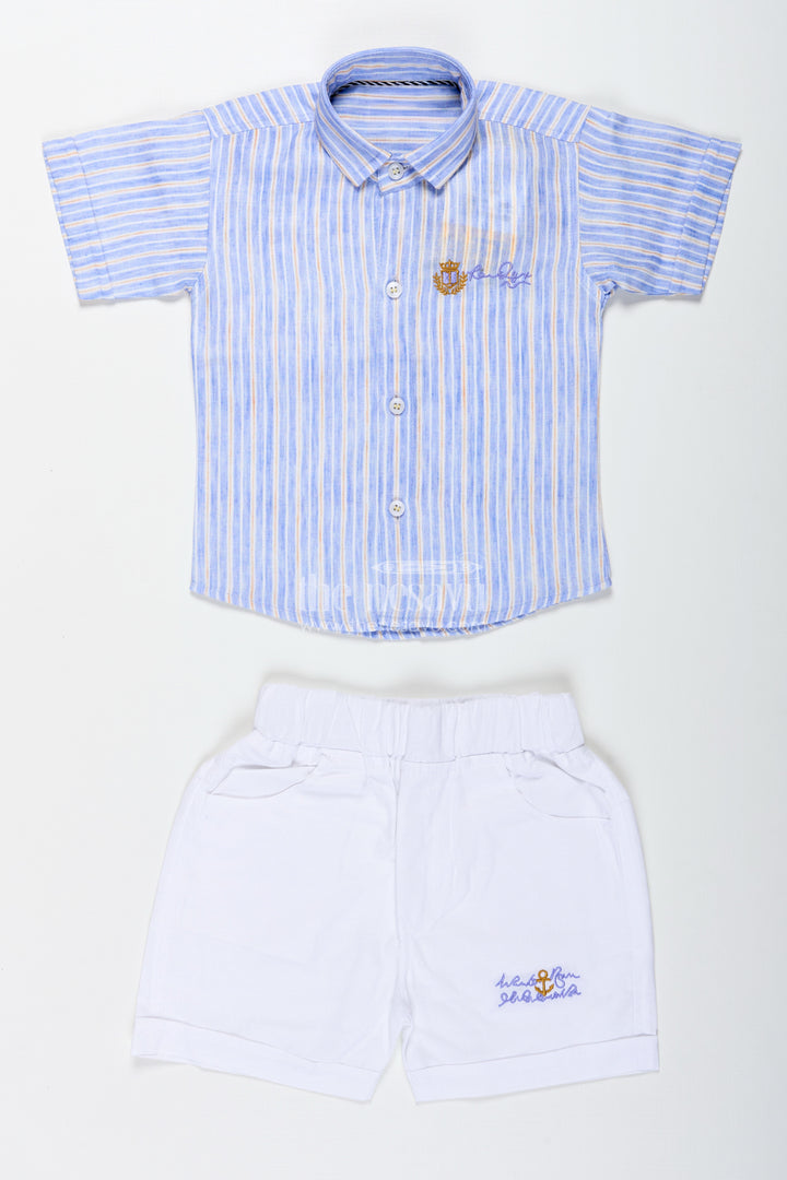Boys Cotton Casual Set With Striped Shirt And White Shorts