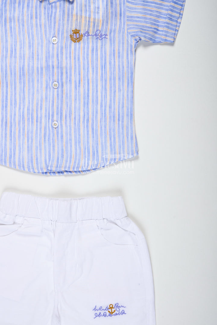 Boys Cotton Casual Set With Striped Shirt And White Shorts