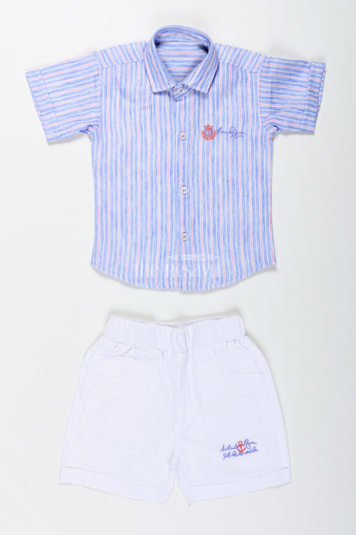 Boys Striped Cotton Shirt And White Shorts Set For Smart Casual Wear