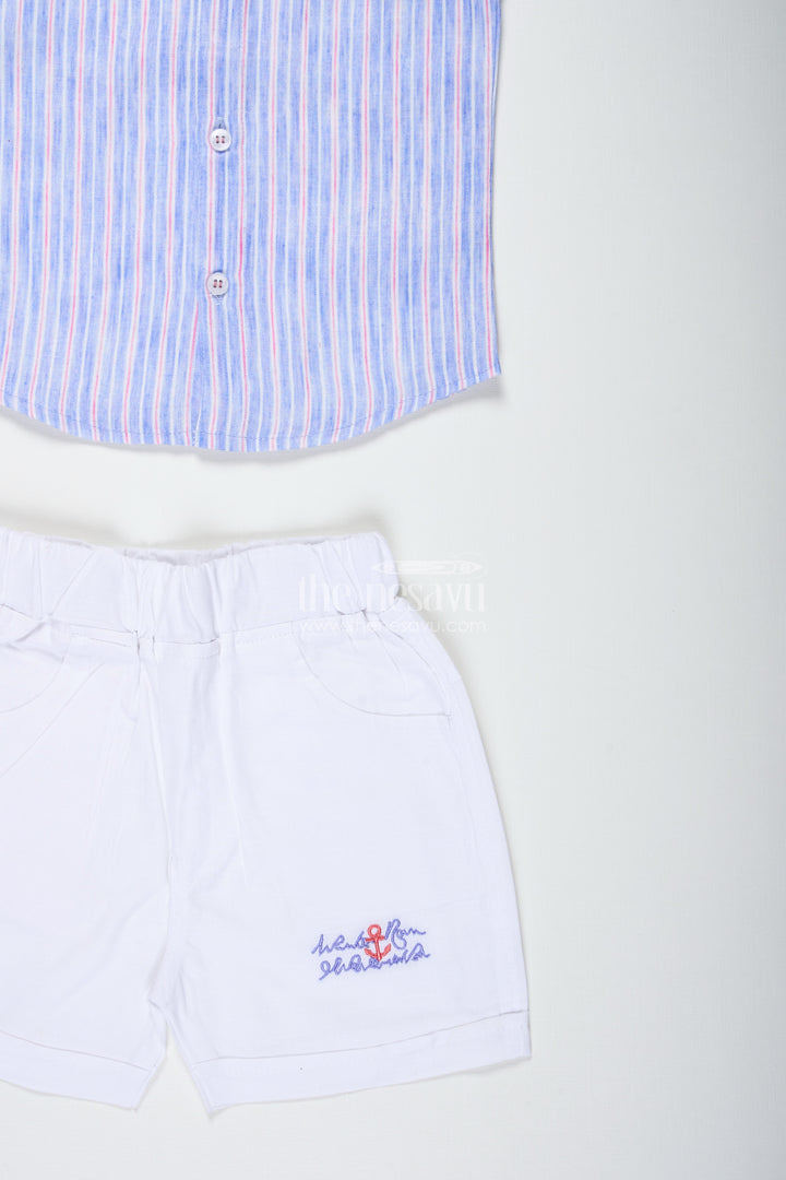 Boys Striped Cotton Shirt And White Shorts Set For Smart Casual Wear