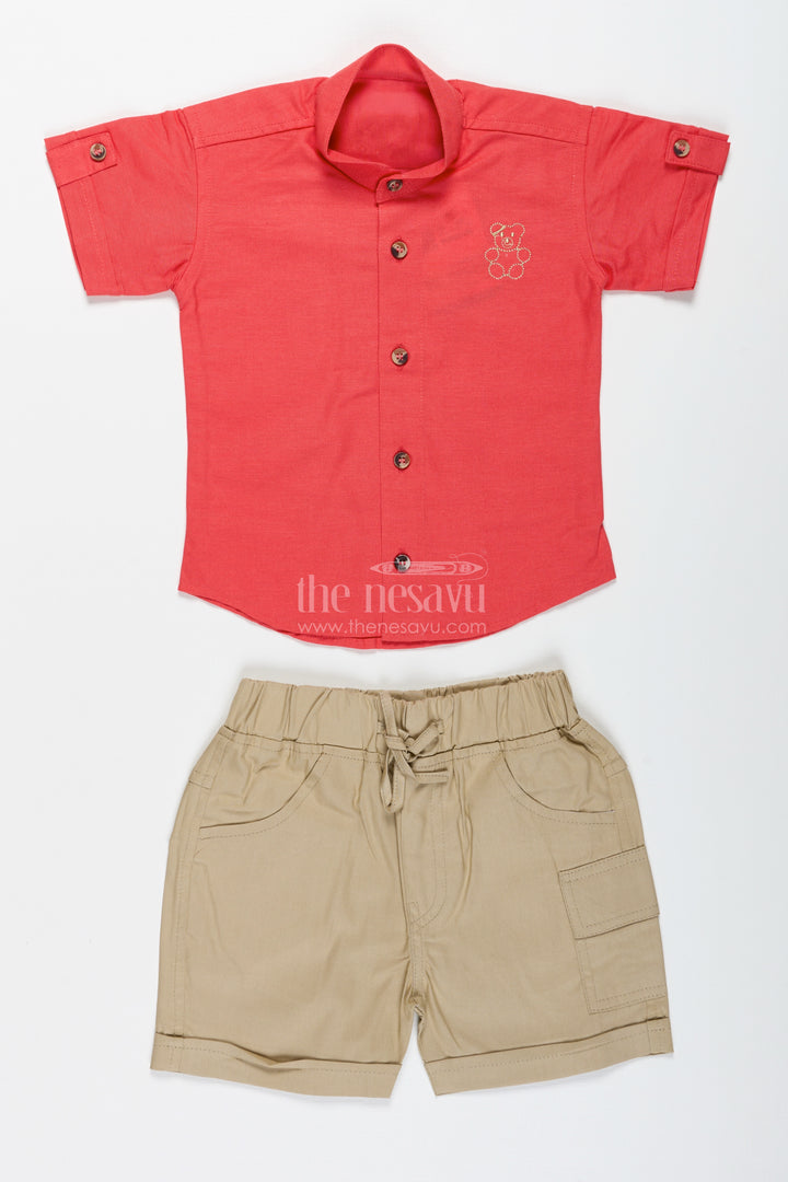 Boys Red Shirt And Olive Shorts Cotton Casual Set