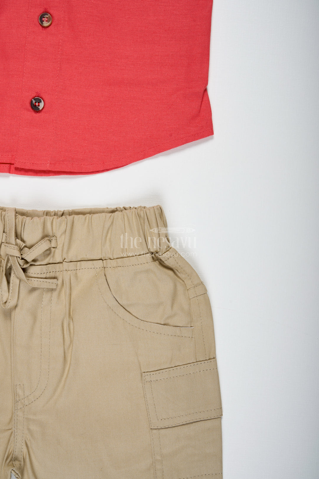 Boys Red Shirt And Olive Shorts Cotton Casual Set