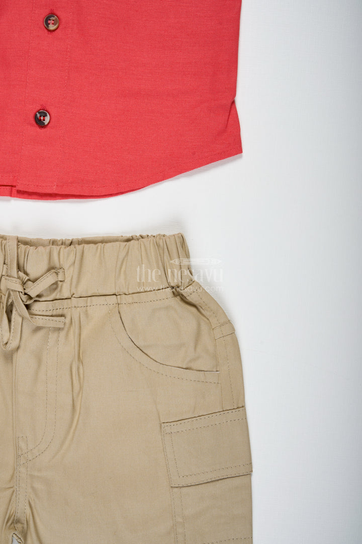 Boys Red Shirt And Olive Shorts Cotton Casual Set