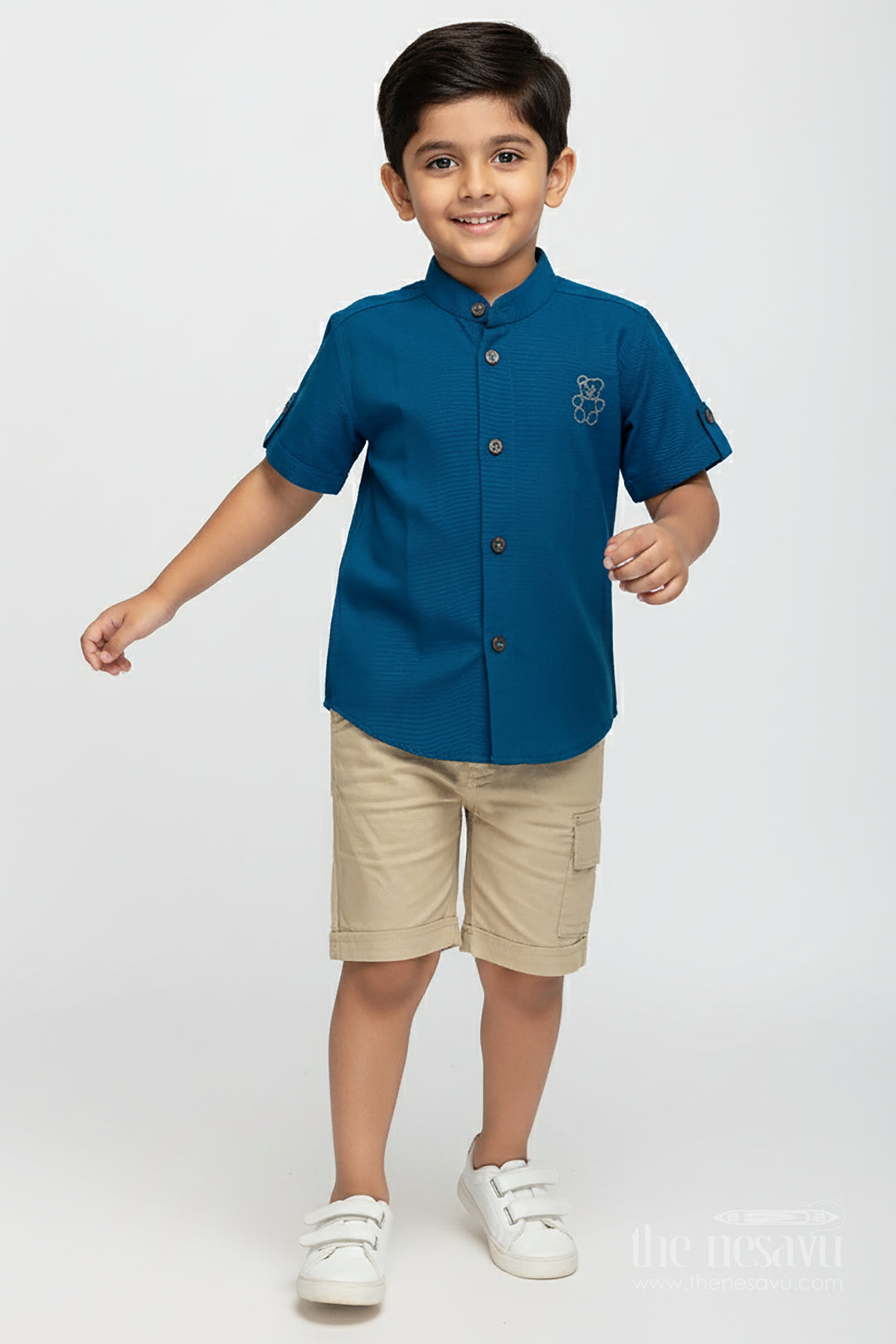 Boys Navy Blue Cotton Shirt with Olive Shorts Set