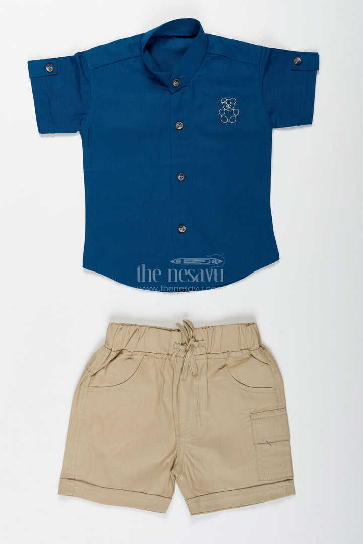 Boys Navy Blue Cotton Shirt With Olive Shorts Set