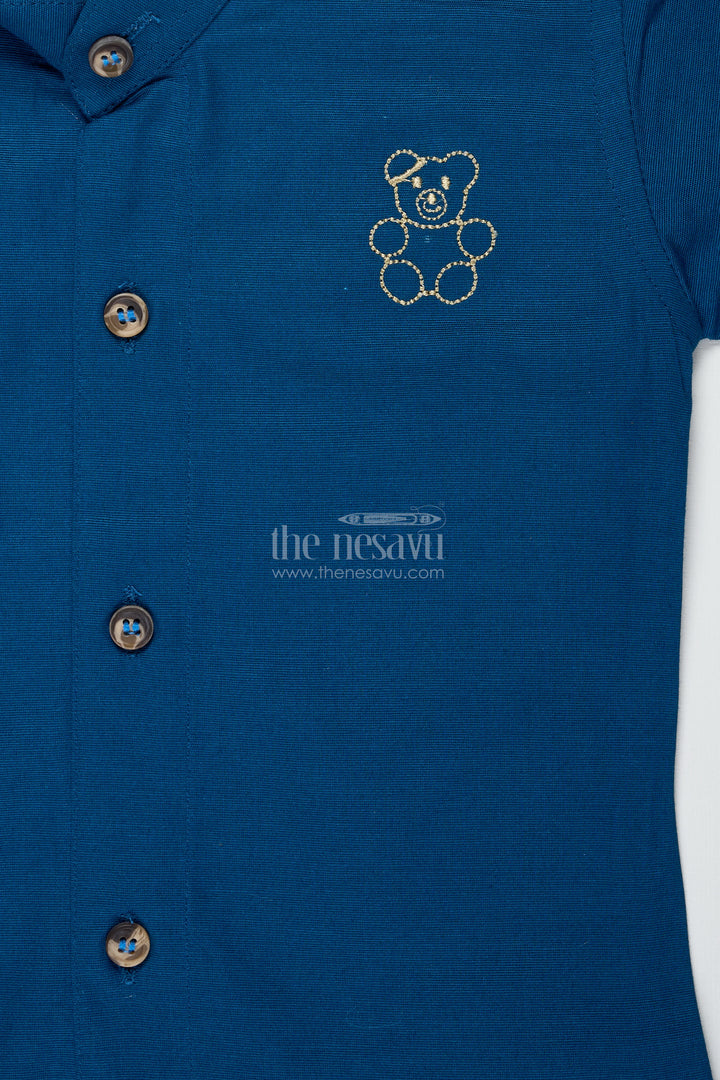 Boys Navy Blue Cotton Shirt With Olive Shorts Set
