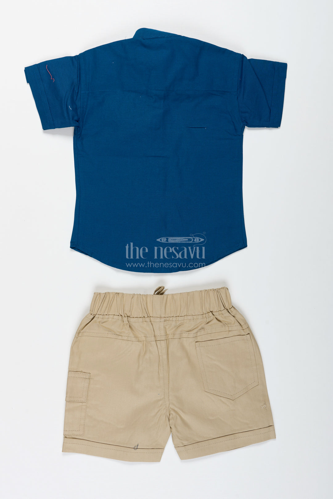 Boys Navy Blue Cotton Shirt With Olive Shorts Set