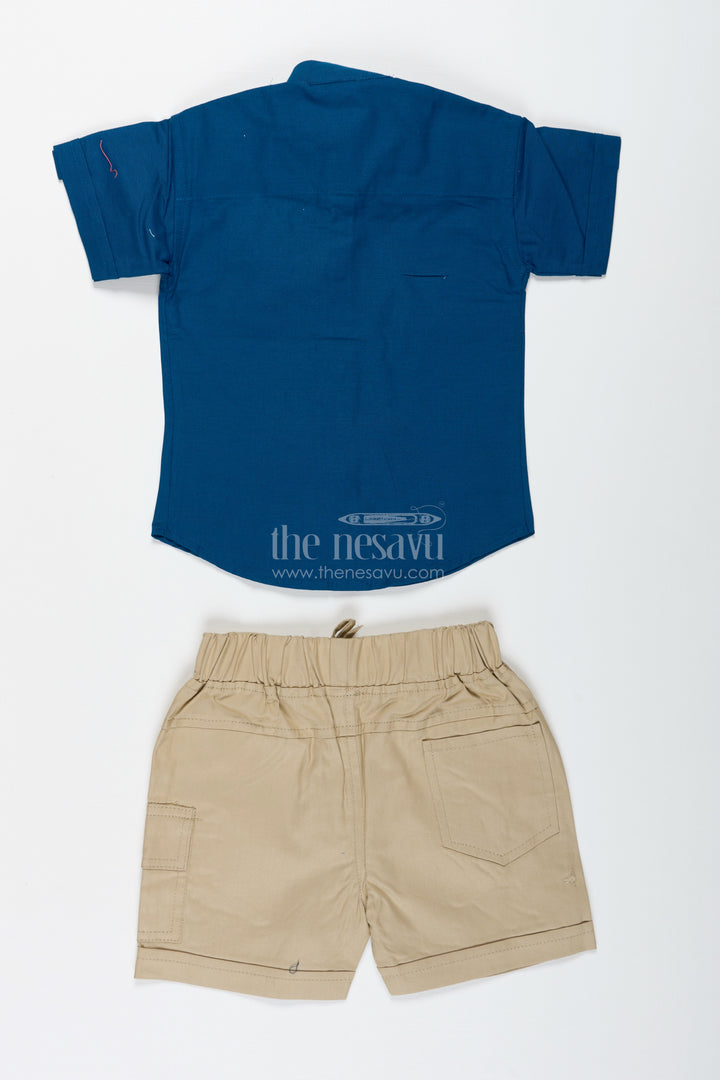 Boys Navy Blue Cotton Shirt With Olive Shorts Set