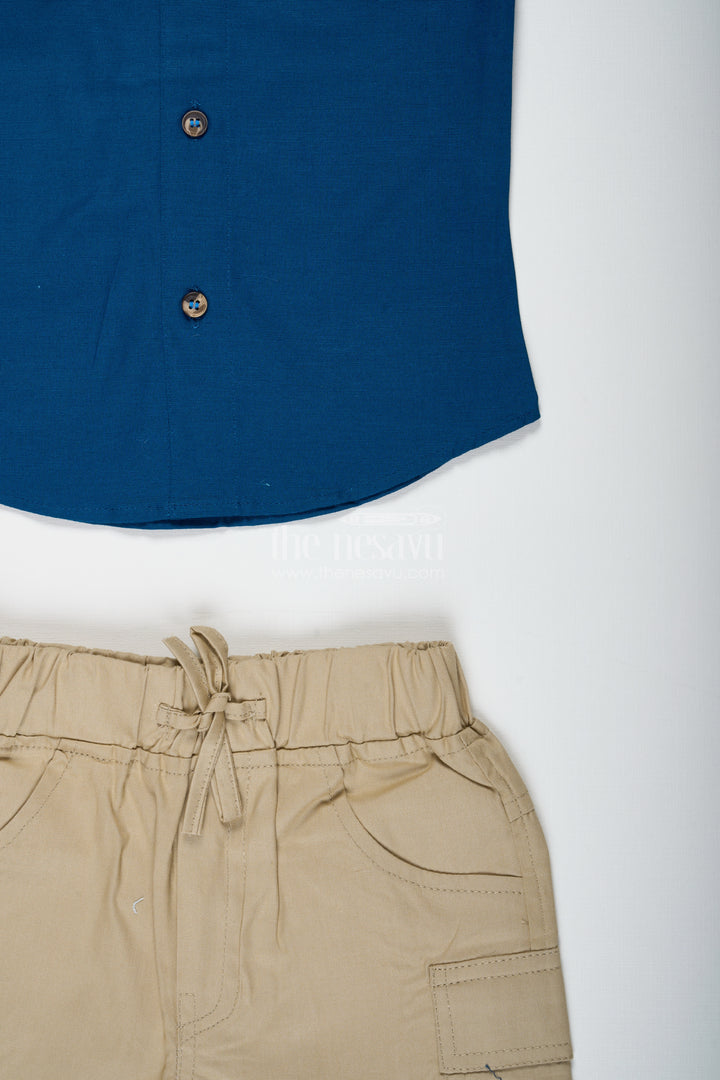 Boys Navy Blue Cotton Shirt With Olive Shorts Set