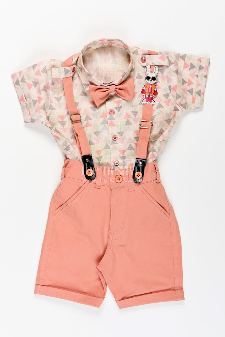 Toddler boys geometric print shirt and terracotta shorts set with cap and suspenders