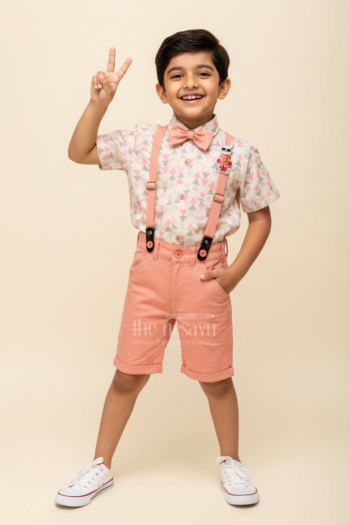 Toddler Boys Geometric Print Shirt and Terracotta Shorts Set with Cap and Suspenders