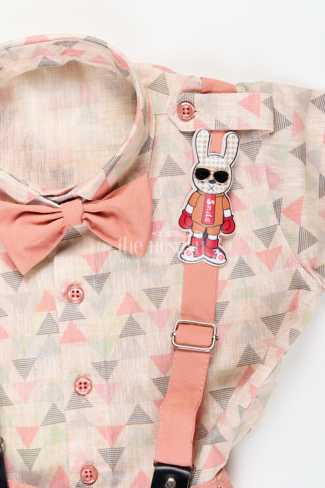 Toddler boys geometric print shirt and terracotta shorts set with cap and suspenders