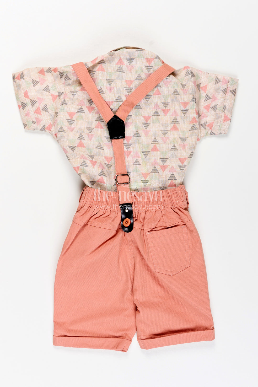 Toddler boys geometric print shirt and terracotta shorts set with cap and suspenders