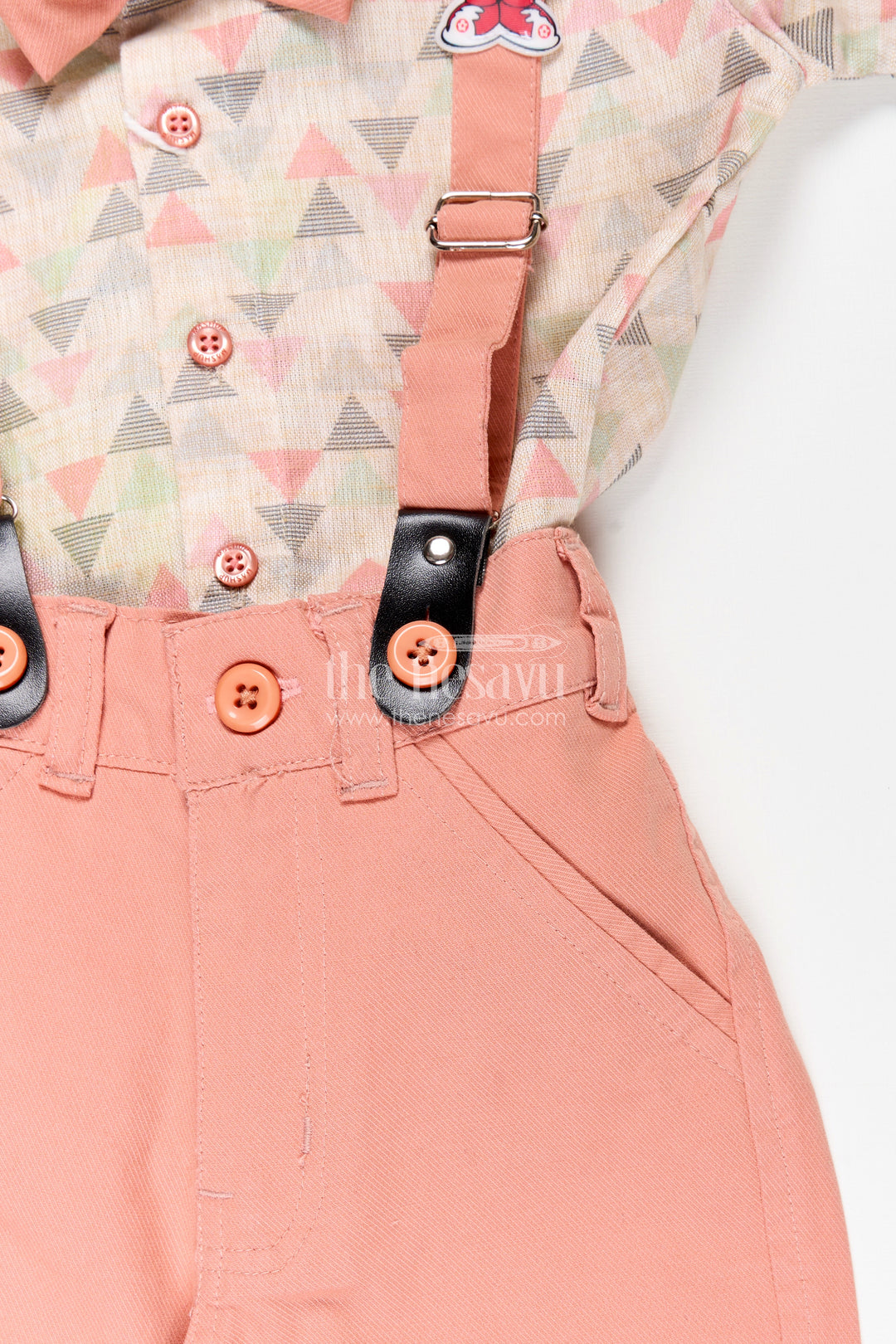 Toddler boys geometric print shirt and terracotta shorts set with cap and suspenders