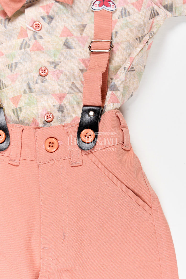 Toddler boys geometric print shirt and terracotta shorts set with cap and suspenders