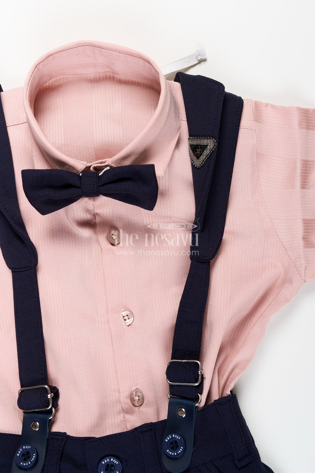 Toddler boys satin shirt and pants set with bow tie and suspenders