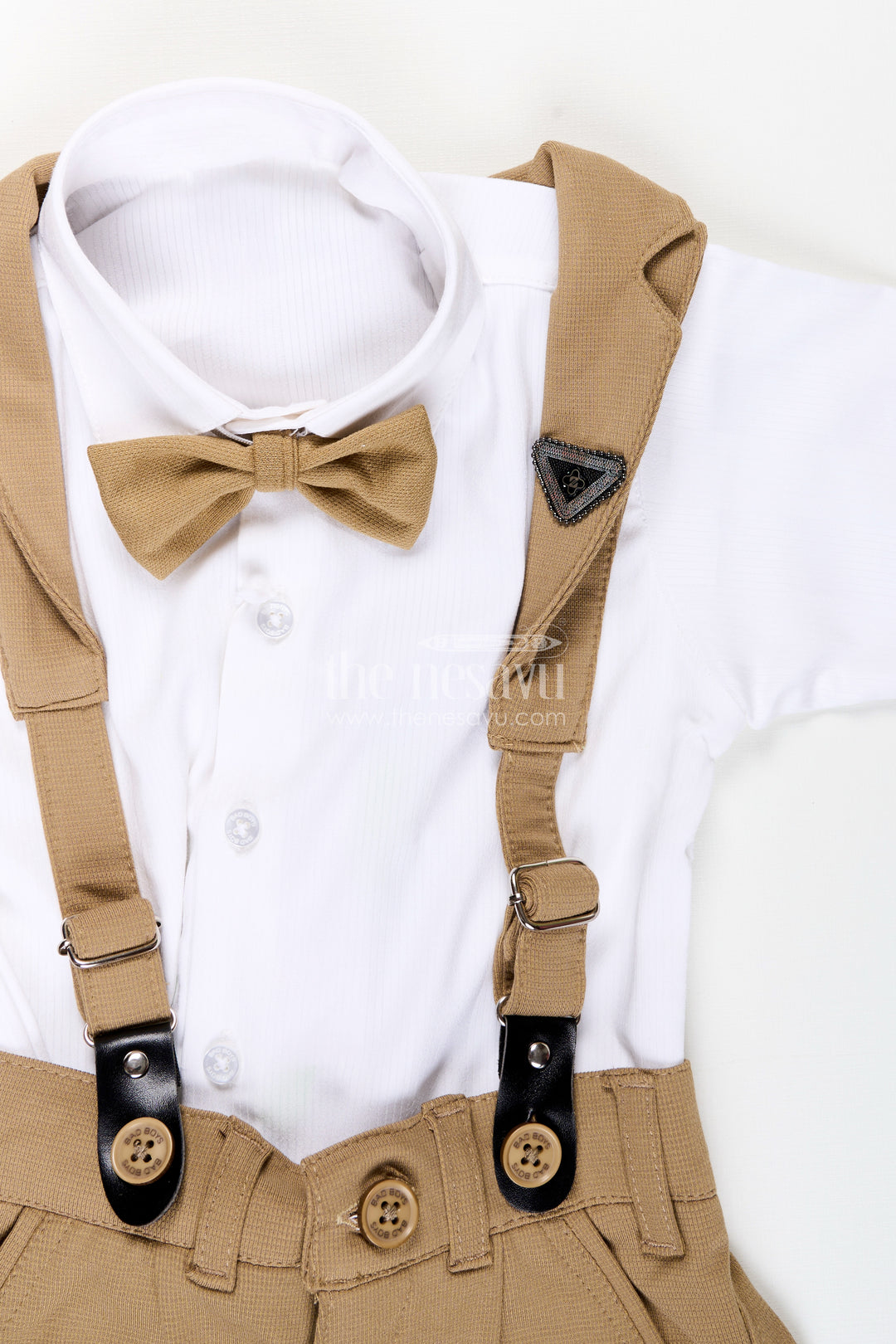 Toddler boys satin shirt and pants set with bow tie and suspenders