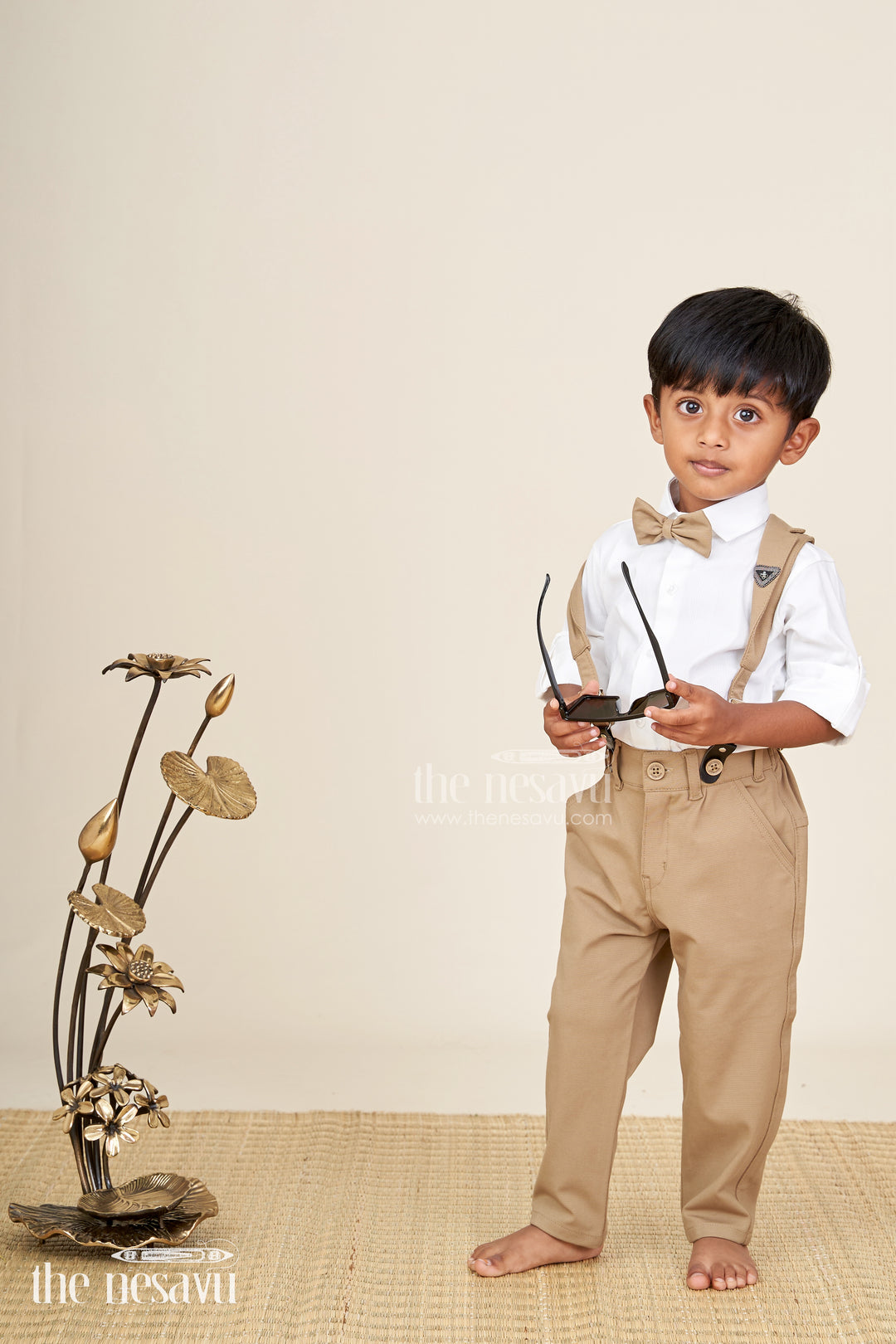 Toddler boys satin shirt and pants set with bow tie and suspenders