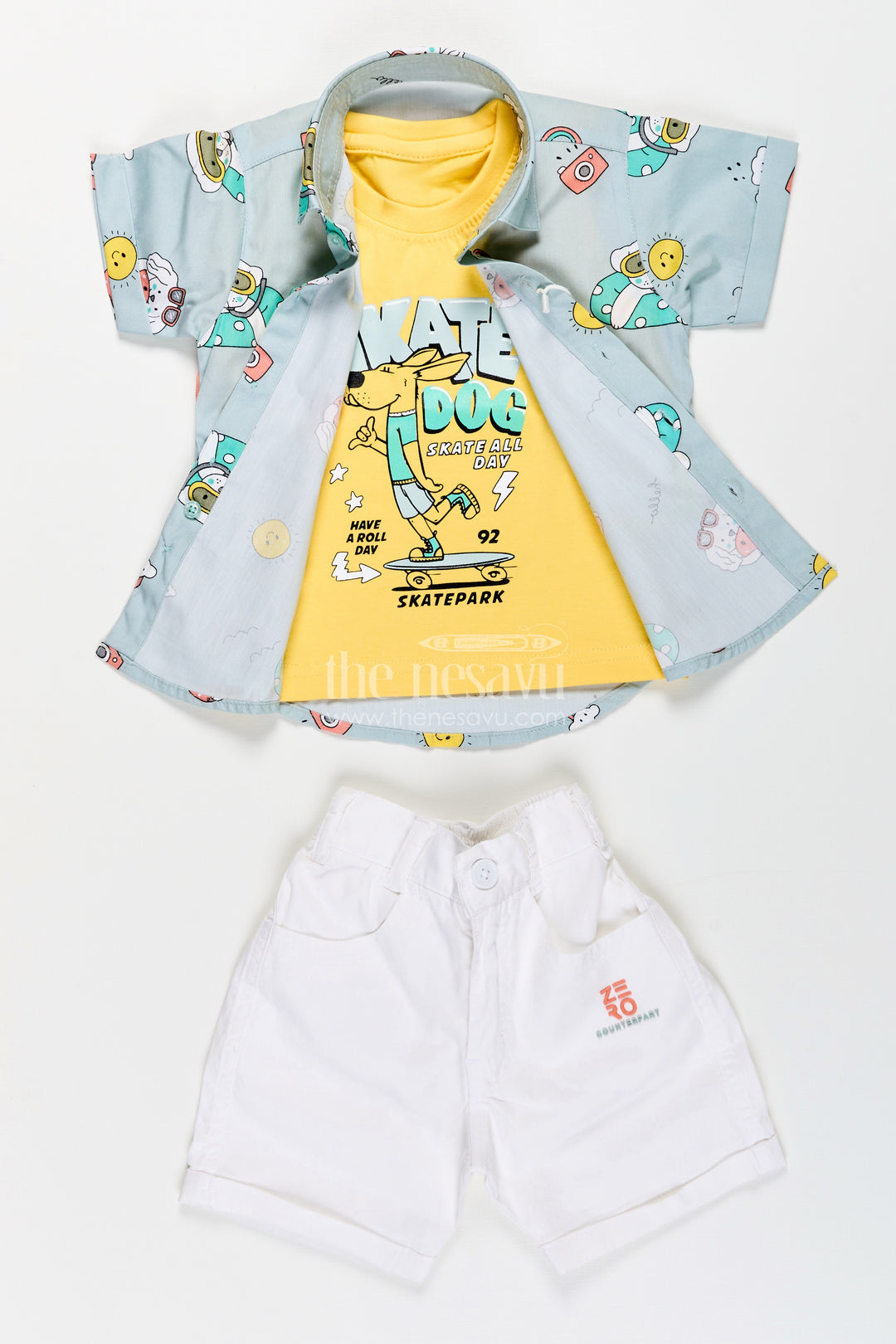 Toddler boys printed shirt, T-shirt, and shorts three-piece cotton set