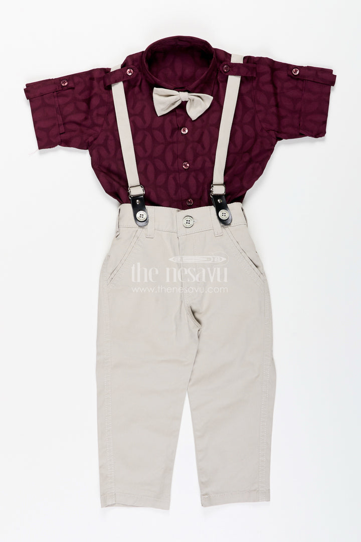 Toddler boys cotton blend maroon shirt and beige pants set with bow tie