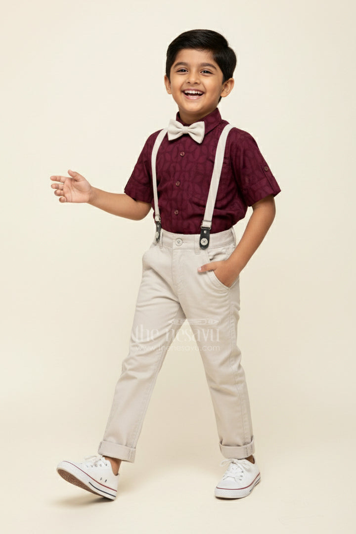 Toddler Boys Cotton Blend Maroon Shirt and Beige Pants Set with Bow Tie