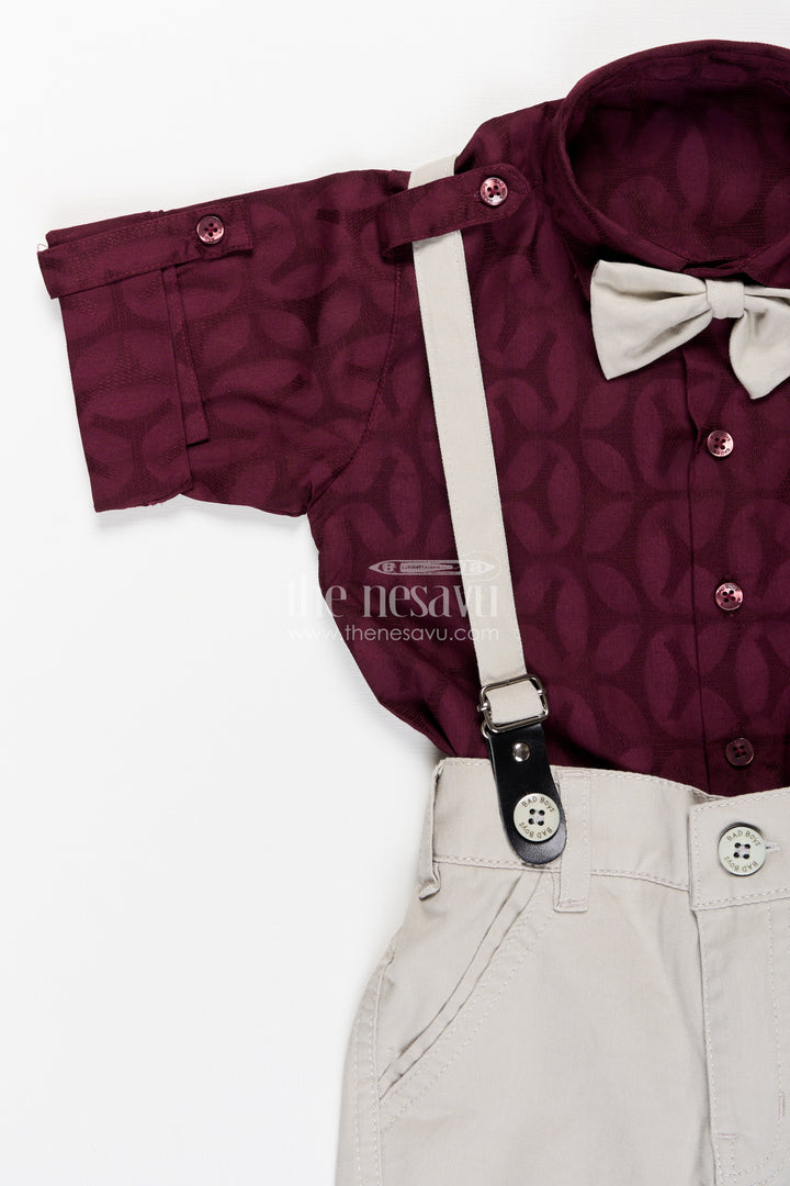 Toddler boys cotton blend maroon shirt and beige pants set with bow tie