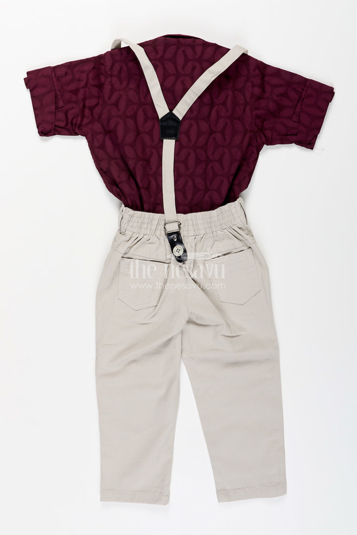 Toddler boys cotton blend maroon shirt and beige pants set with bow tie