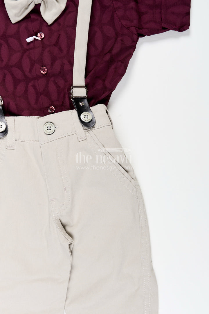 Toddler boys cotton blend maroon shirt and beige pants set with bow tie