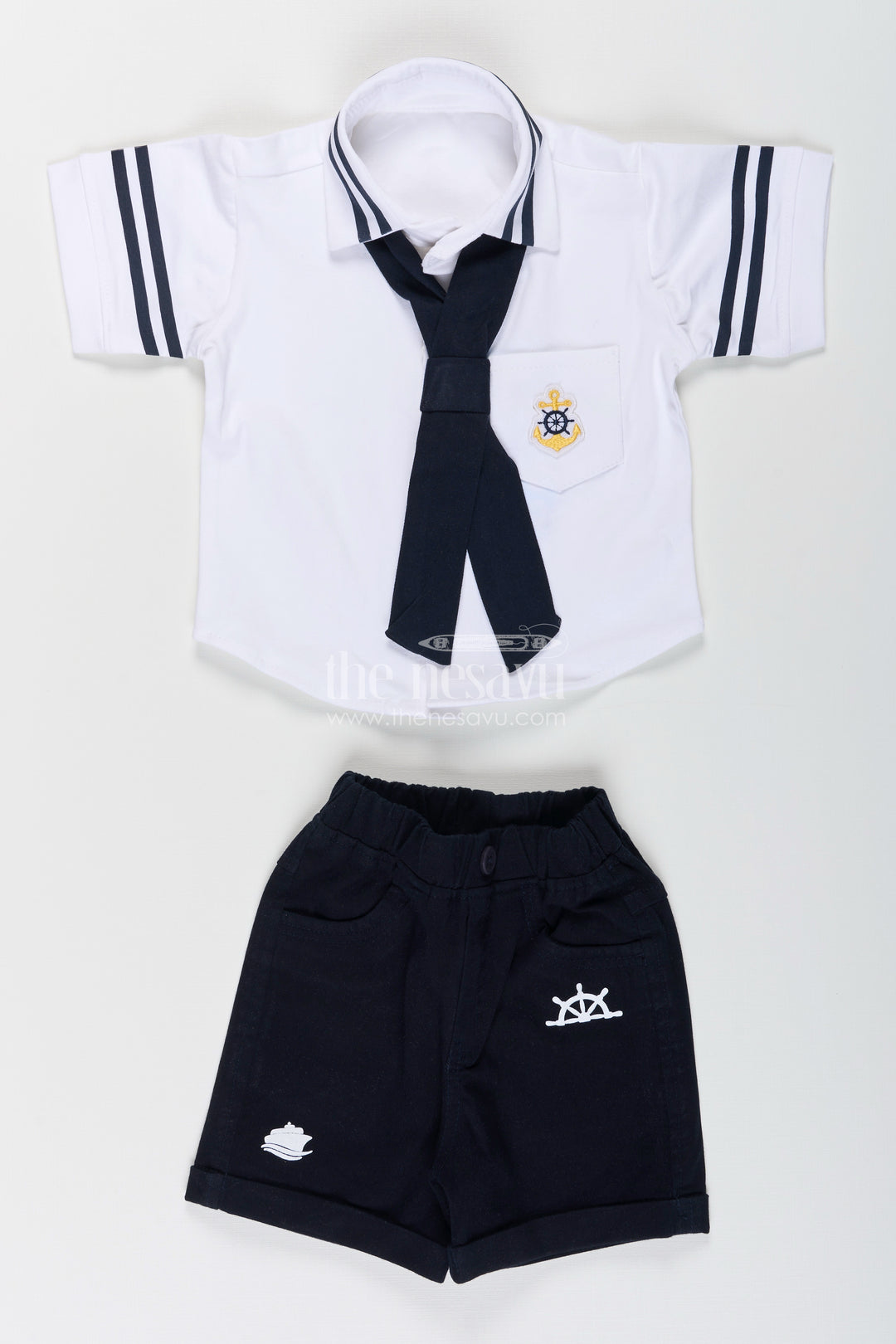 Toddler boys nautical knitted cotton shirt and shorts set with cap