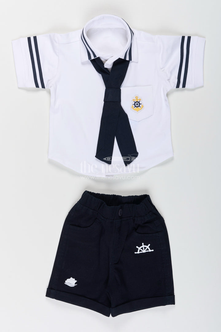 Toddler boys nautical knitted cotton shirt and shorts set with cap