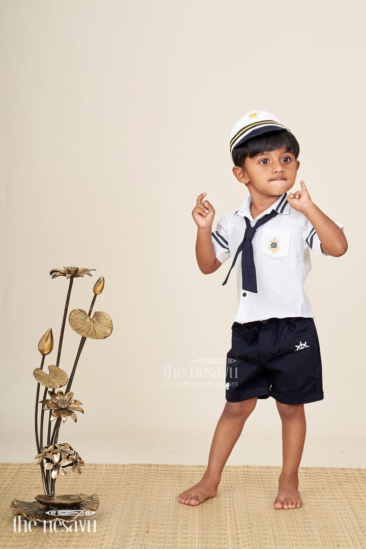 Toddler boys nautical knitted cotton shirt and shorts set with cap