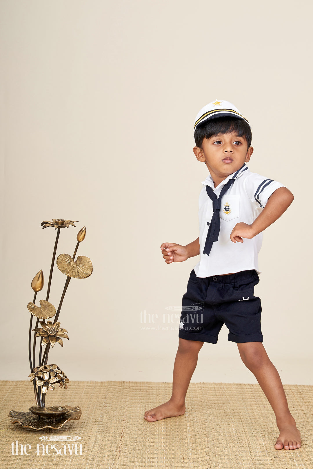 Toddler boys nautical knitted cotton shirt and shorts set with cap