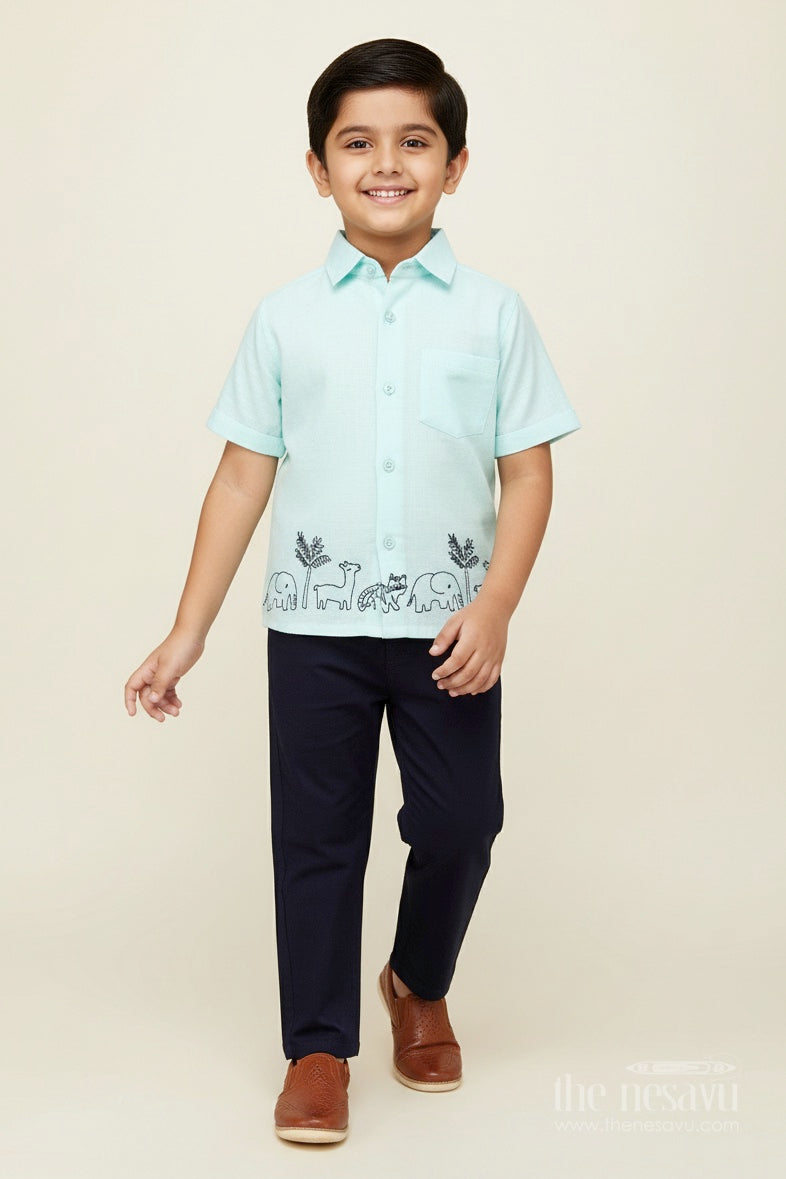 Toddler Boys Mint Muslin Cotton Embroidered Shirt and Navy Pants Set