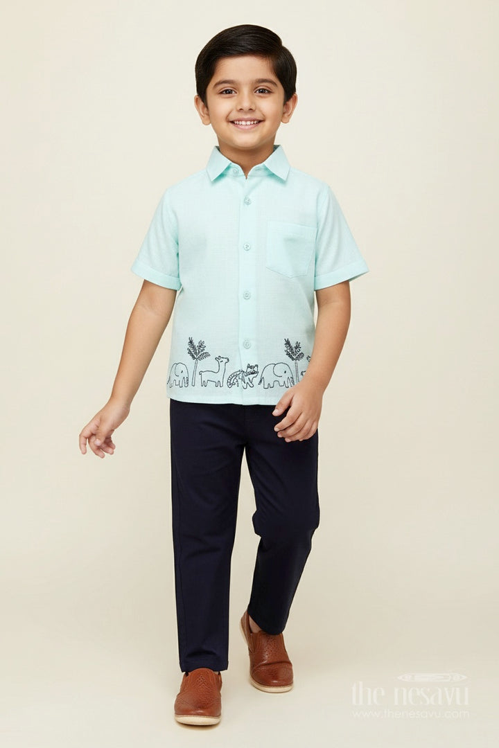 Toddler Boys Mint Muslin Cotton Embroidered Shirt and Navy Pants Set