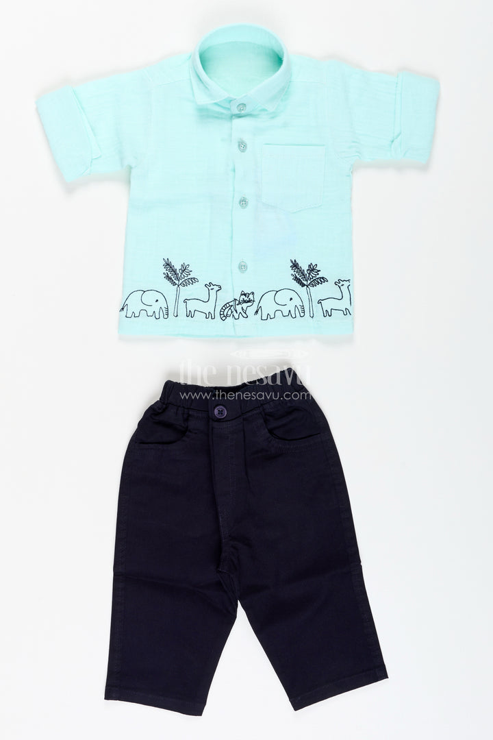 Toddler boys mint muslin cotton embroidered shirt and navy pants set